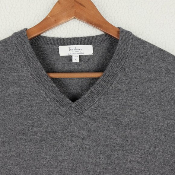 Turnbury Sweater Womens Large Gray Merino Wool Lightweight V Neck Preppy - Picture 2 of 8